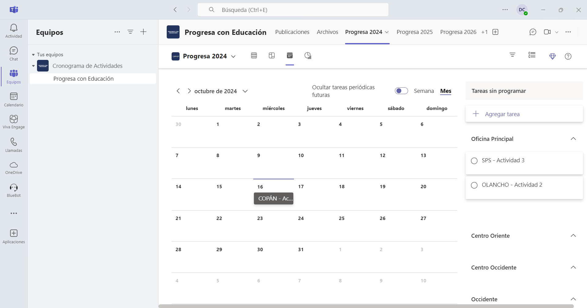 Actividad sin fecha desde el calendario